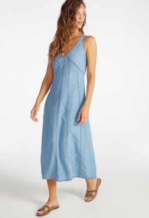 Denim V-Neck Midi Dress