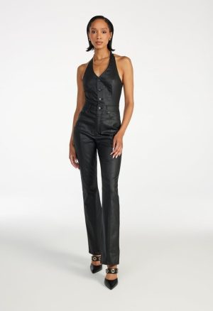 Halter Coated Denim Jumpsuit