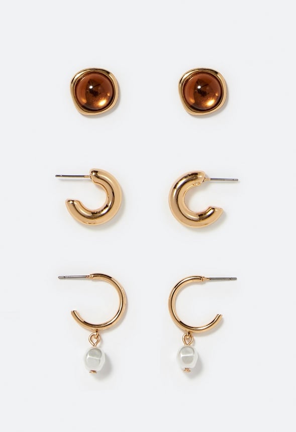 3-Pair Kira Mixed Stud & Hoops With Smooth Stone & Pearl Details