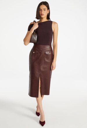 Faux Leather Utility Midi Skirt