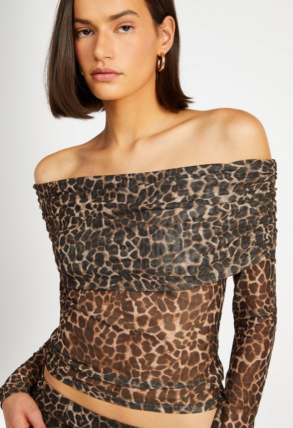 Mesh Off Shoulder Long Sleeve Top