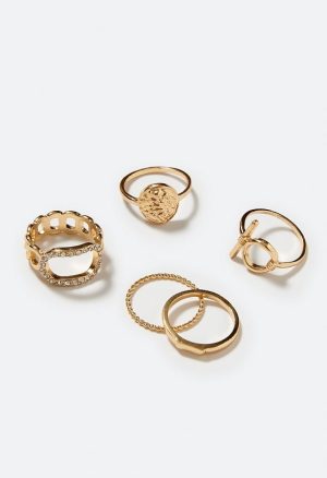 6-Mixed Anya Rhinestone And Organic Metal Rings Set