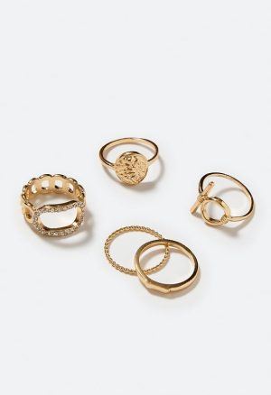 6-Mixed Anya Rhinestone And Organic Metal Rings Set