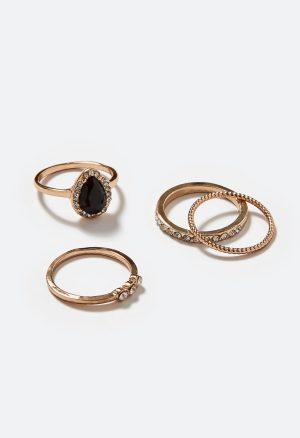 Jet Glass Stone Teardrop Ring Set