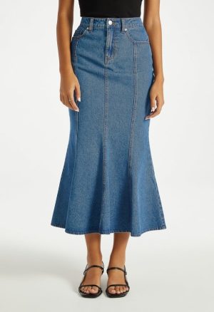 Denim Paneled Flare Skirt